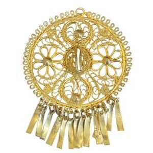 Vintage Filigree Mexican Sombrero Hat Dangle Pendant Gold Tone Large Boho